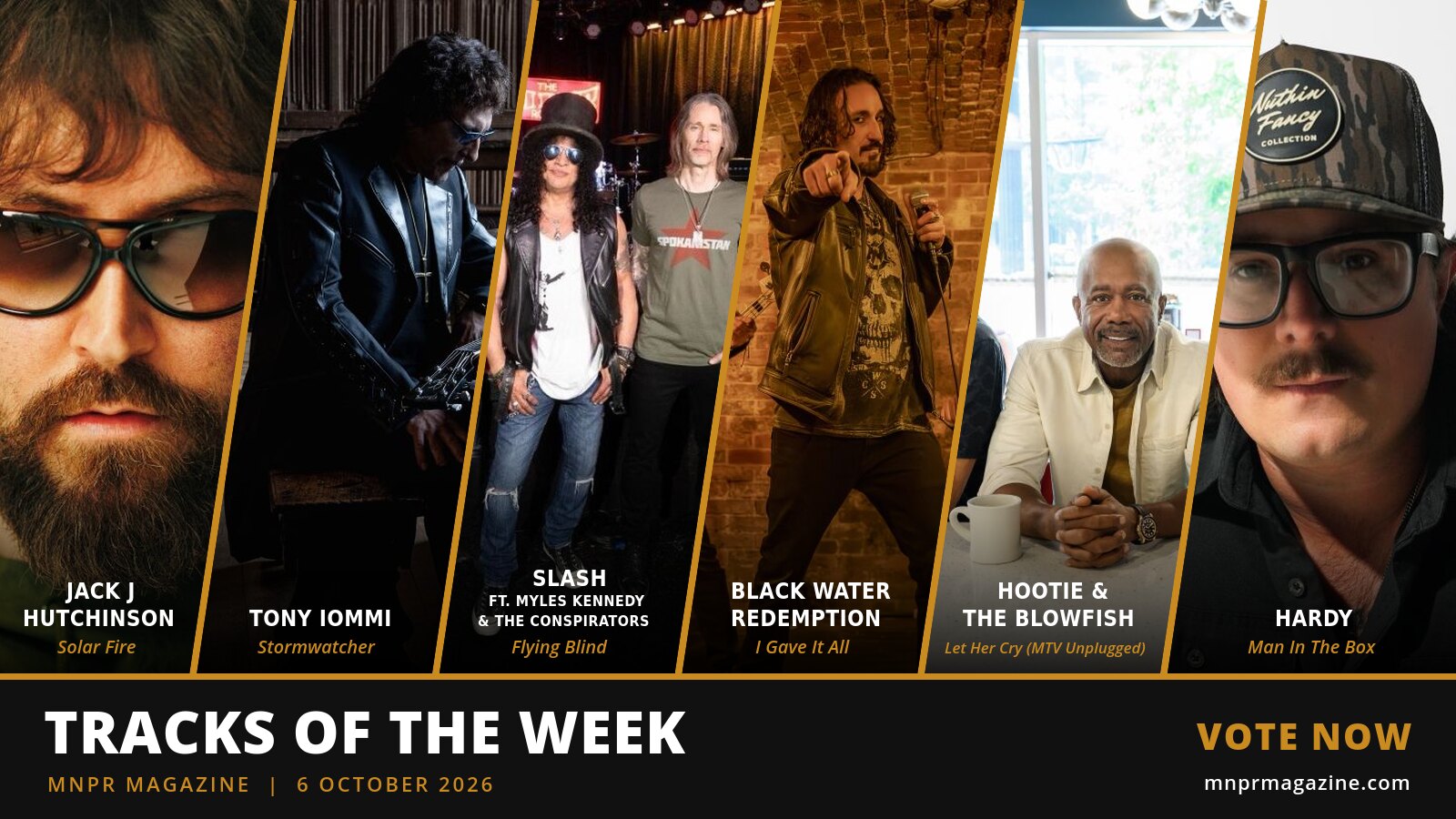 MNPR Magazine Tracks of the Week nominees: Jack J Hutchinson, Tony Iommi, Slash, Black Water Redemption, Hootie & the Blowfish and HARDY